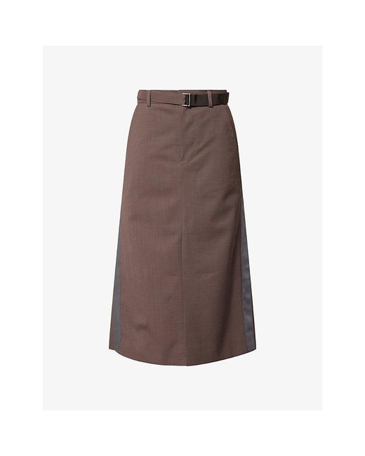 Sacai Brown Pleated Satin And Wool Midi Skirt