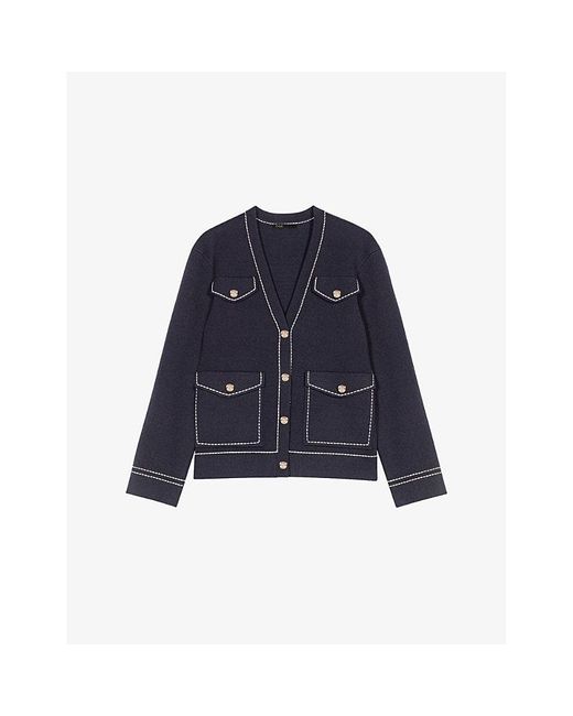 Maje Blue V-Neck Contrast-Stitched Knitted Cardigan
