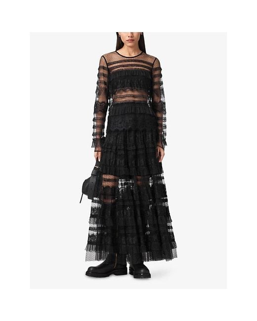 AllSaints Black Arlea Lace-Trim Long-Sleeve Woven Top