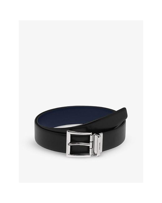 Prada Blue Logo-engraved Reversible Leather Belt for men