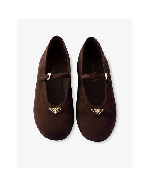 Prada Brown Triangle-Logo Suede Ballerina Flats