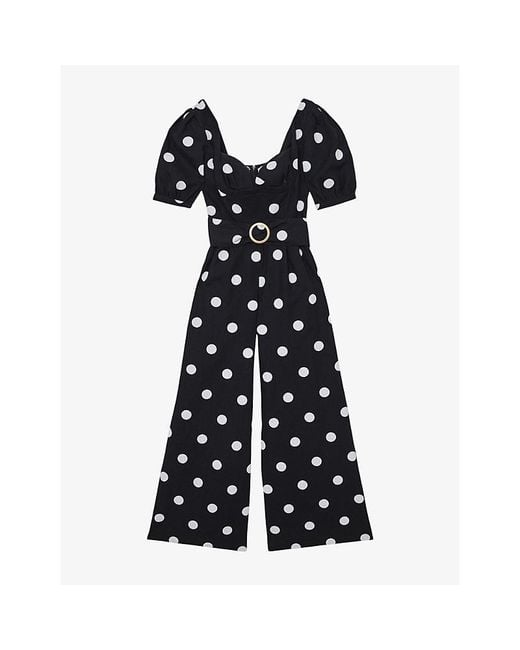 Reiss Blue Brook Puff-Sleeve Polka-Dot Linen Jumpsuit