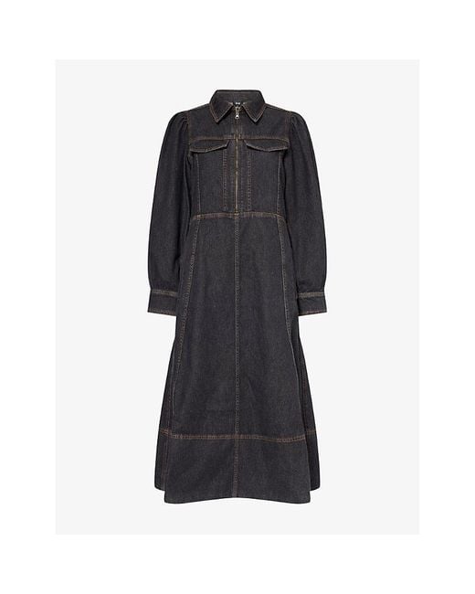 ME+EM Black Classic-Collar Zip-Front Denim Midi Dress