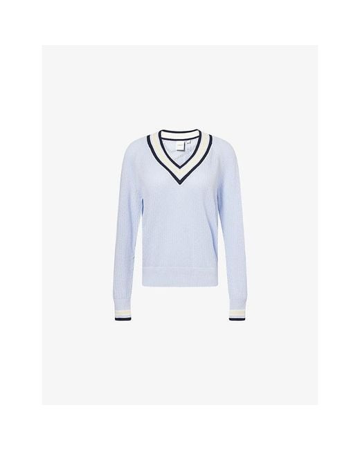 Varley Blue Maurice V-Neck Knitted Cotton Jumper