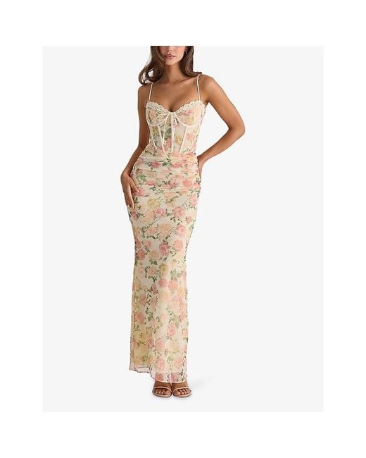 House Of Cb Metallic Calista Floral-Print Body-Con Stretch-Mesh Maxi Dress