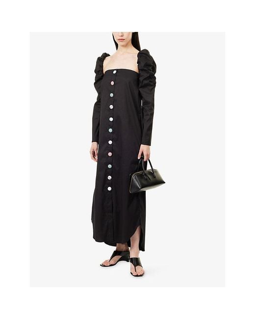 Reem Alkanhal Black Sharifa Button-Up Cotton-Blend Midi Dress