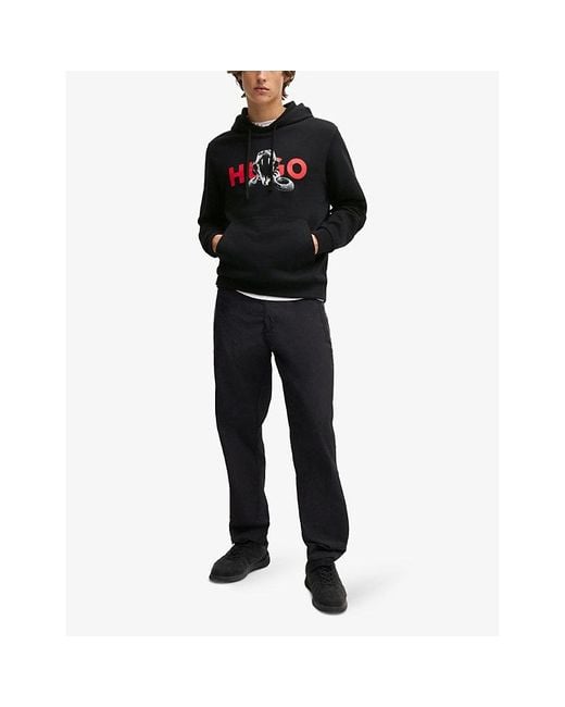 HUGO Black Branded-Print Kangaroo-Pocket Cotton-Jersey Hoody for men