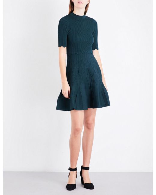 Sandro Green Scalloped-trim Knitted Dress