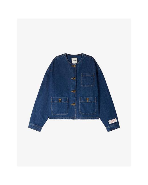 Sandro Blue Buttoned Round-Neck Denim Jacket