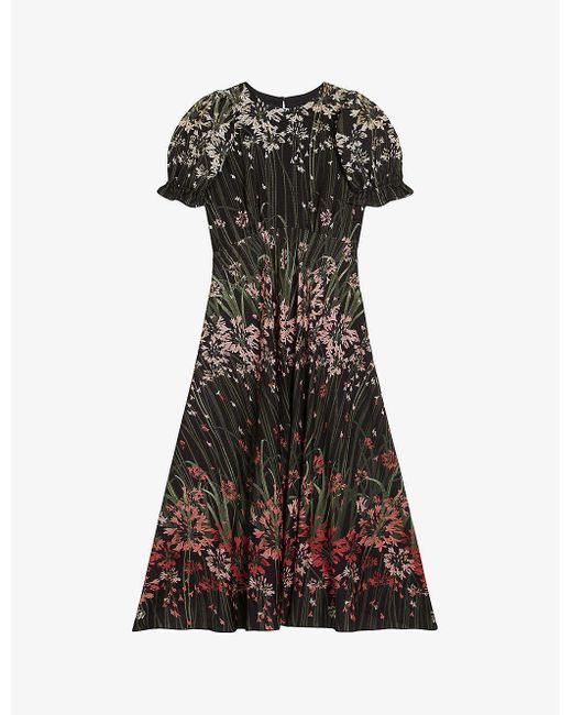 Ted Baker Black Ruched-sleeve Floral-print Woven Midi Dress