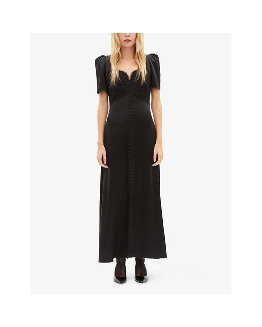 The Kooples Black Lace-Embroidered Puff-Sleeve Silk Maxi Dress