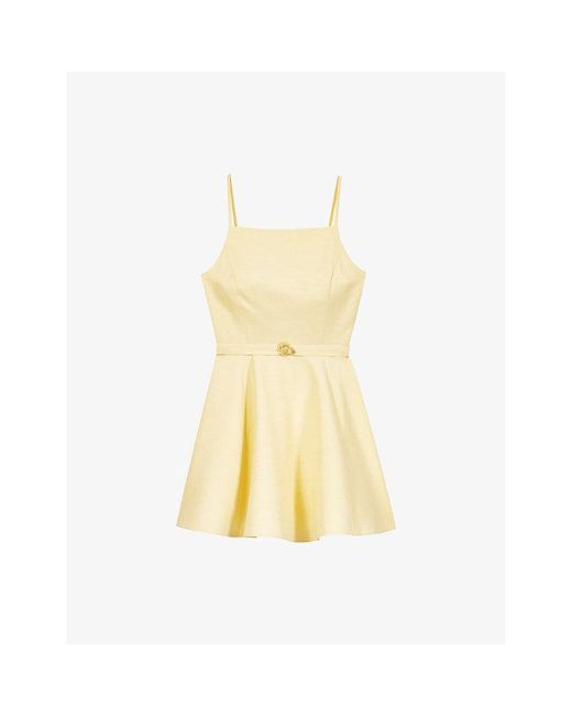 Maje Yellow Flared Square-Neck Linen-Blend Mini Dress