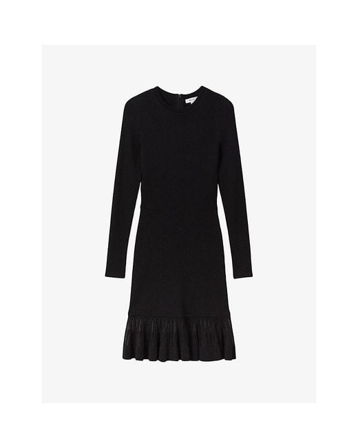 Reiss Black Sheer Pleated-panel Stretch-knit Mini Dress