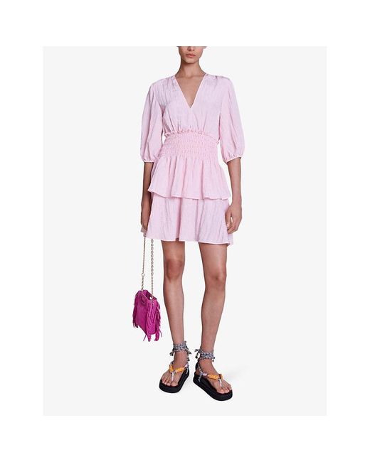 Maje Pink Shirred-waist V-neck Woven Mini Dress