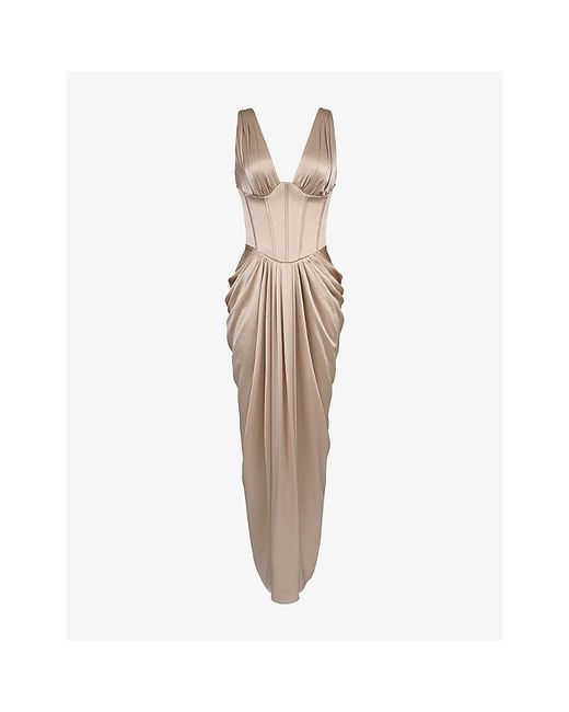 House Of Cb Natural Angeline Corset Satin Maxi Dress