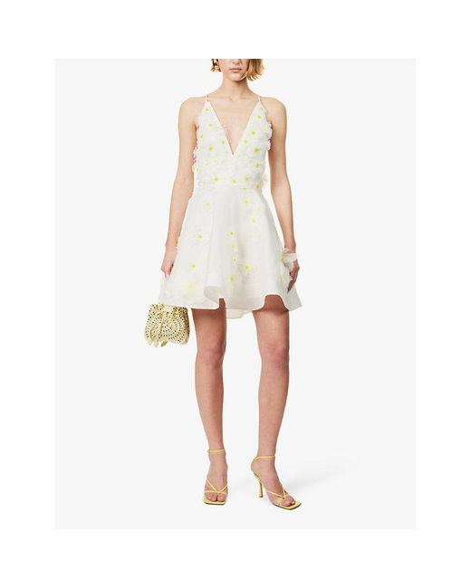 Zimmermann White Daisy-embellished V-neck Linen And Silk-blend Mini Dress