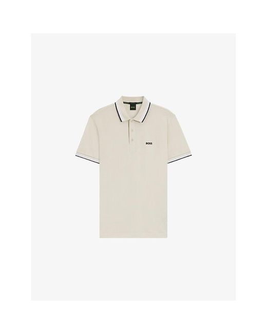 Boss White Paddy Brand-Embroidered Cotton-Piqué Polo Shirt for men