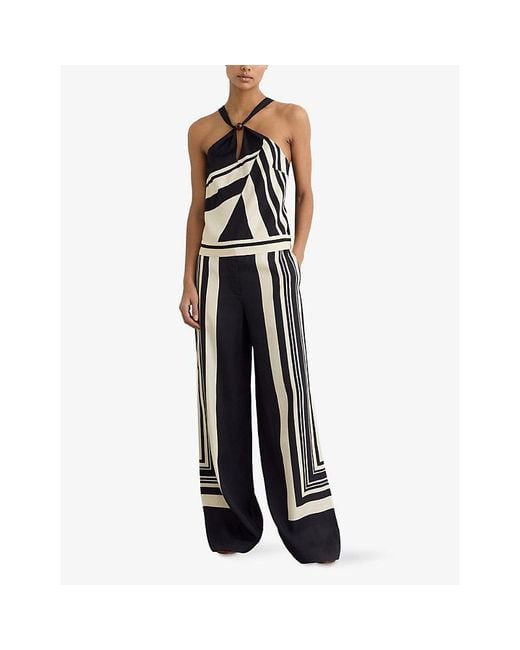 Reiss Black Carys Scarf-Print Wide-Leg Woven Trousers