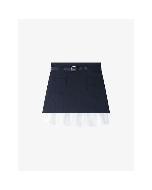 Sandro Blue Ruffled-Hem Belted Woven Mini Skirt