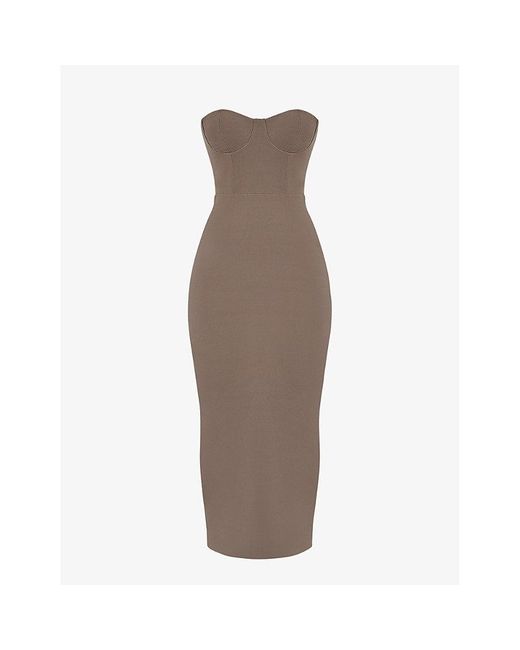 House Of Cb Brown Lucia Corseted Stretch-woven Maxi Dress