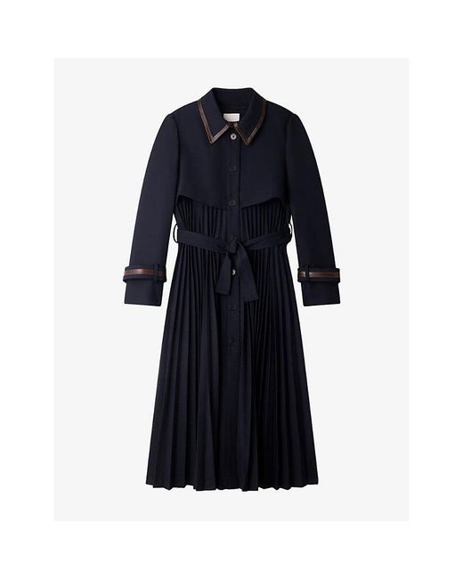 Sandro Blue Contrast-Collar Belted Wool-Blend Trench Coat