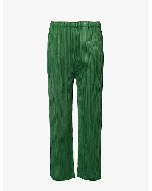Pleats Please Issey Miyake Green Pleated Straight-leg Mid-rise Knitted Trousers
