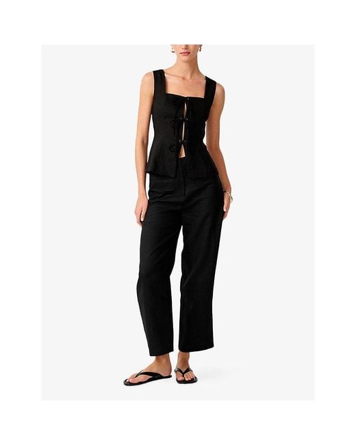 OMNES Black Oprah Lace-Up Linen-Blend Top