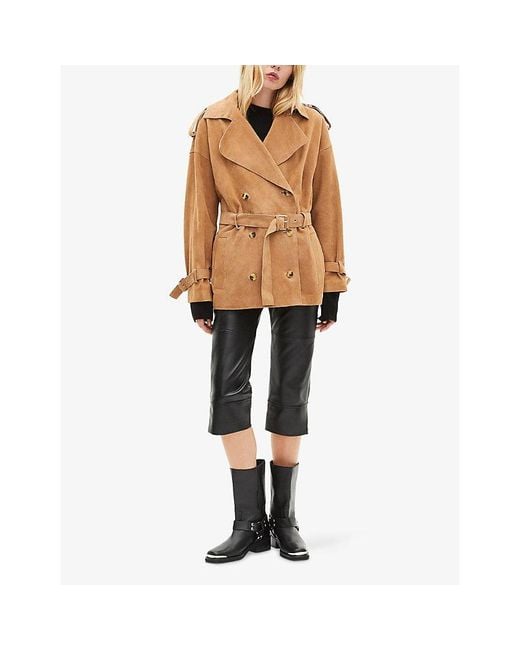The Kooples Brown Double-Breasted Belted Suede Jacket