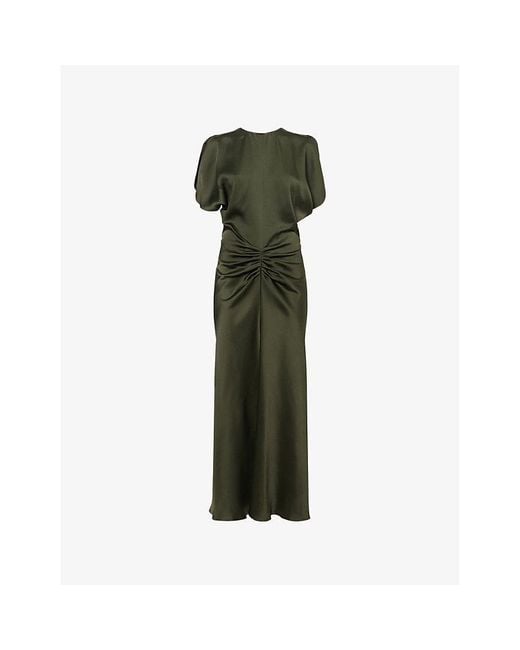 Victoria Beckham Green Gathered Slim-Fit Woven Midi Dress