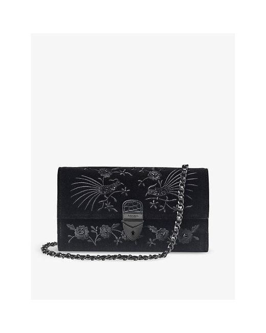 Aspinal Black Mayfair Flower-embroidered Leather Clutch Bag