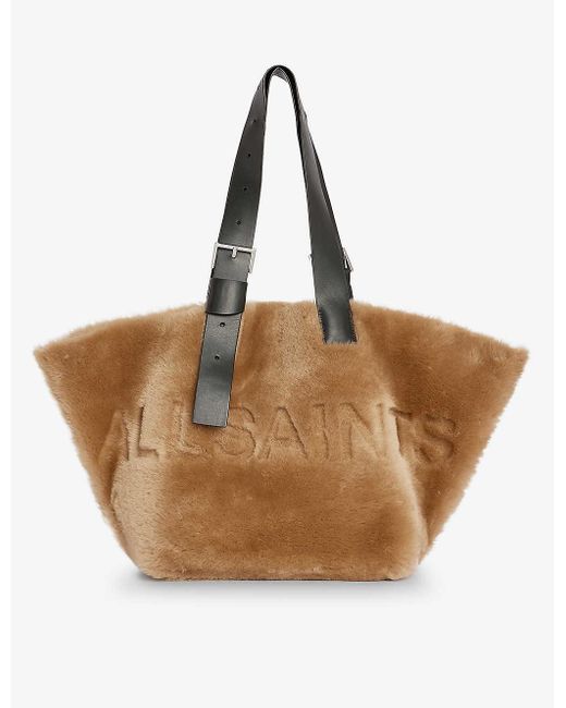 AllSaints Brown Anik Logo-debossed Shearling And Leather Tote Bag