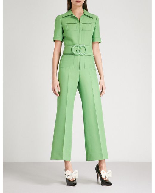 Gucci Green Belted Wool-blend Jumpsuit
