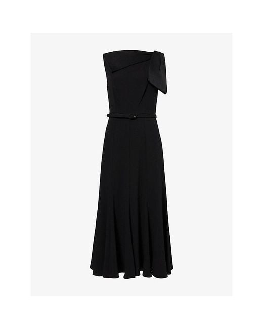 Roland Mouret Black Asymmetric-Bow Belted Crepe Midi Dress