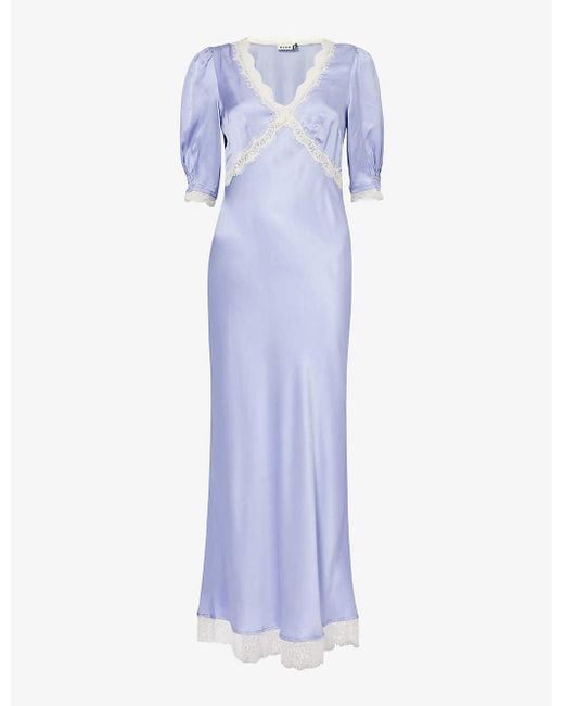 Rixo Blue Annina Lace-trim Satin Midi Dress
