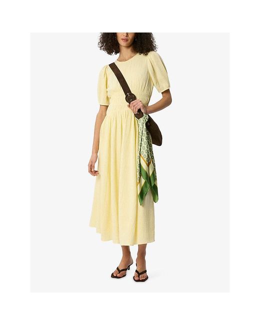 Whistles Yellow Shirred Cheesecloth Cotton Midi Dress
