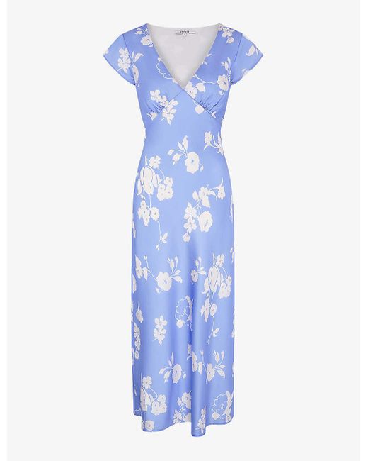 OMNES Blue Woolf V-neck Short-sleeve Recycled-polyester Midi Dress
