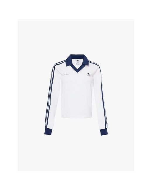 Sporty & Rich Blue X Adidas Signature-Stripe Long-Sleeve Jersey Top
