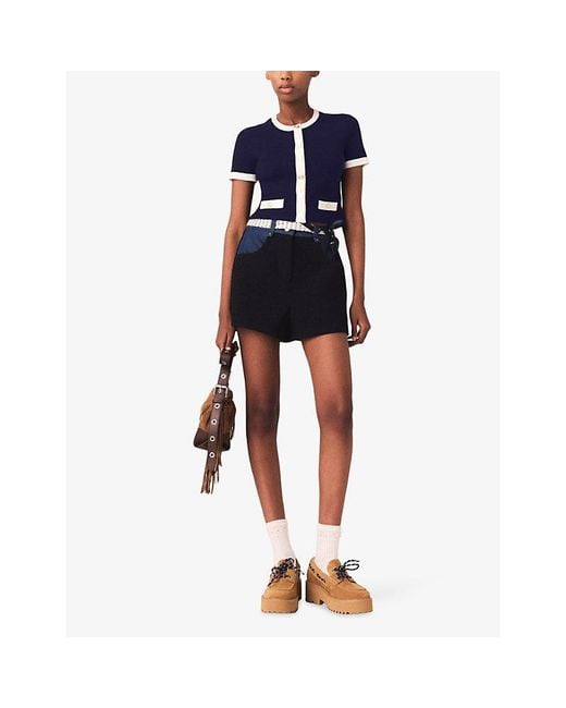Maje Blue Short-Sleeved Contrast-Trim Knitted Cardigan