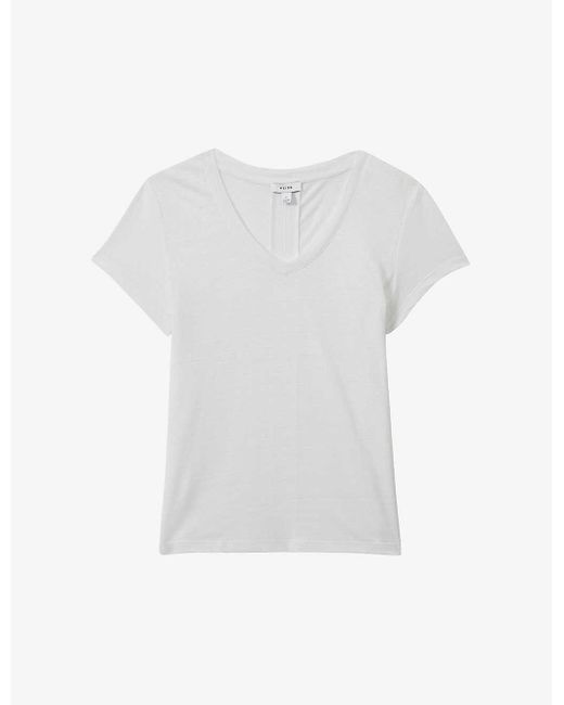Reiss White Lottie V-neck Short-sleeve Linen T-shirt