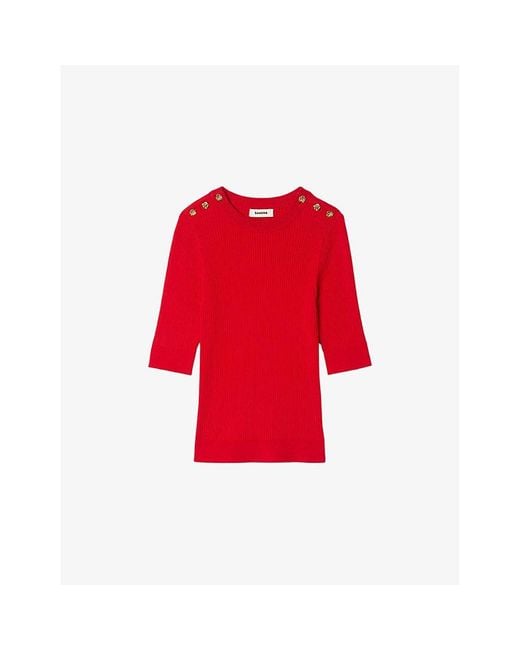 Sandro Red Button-Embellished Short-Sleeved Stretch-Knit Jumper