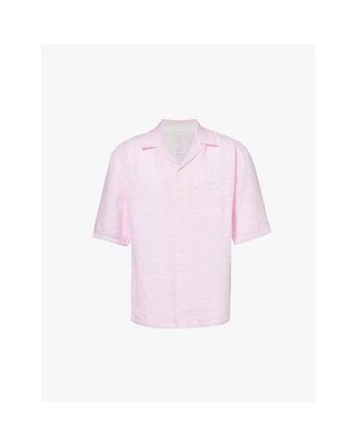 120% Lino Pink Short-sleeve Patch-pocket Regular-fit Linen Shirt for men