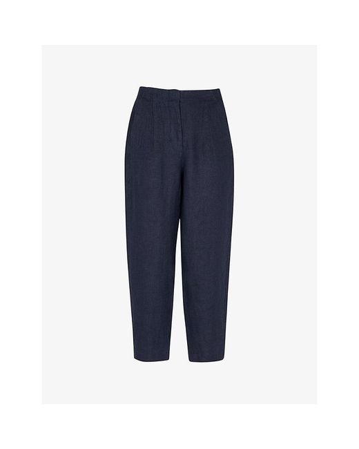 Whistles Blue Patch-Pocket Barrel-Leg Mid-Rise Linen Trousers