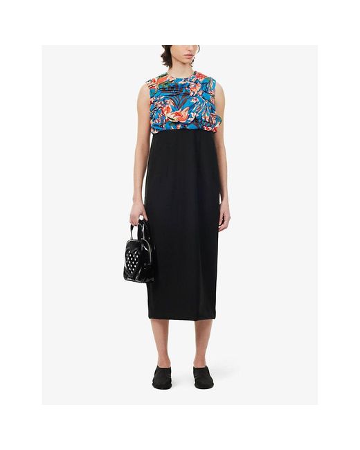 Comme des Garçons Blue Floral-print Ruched Regular-fit Woven Midi Dress