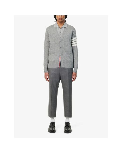 Thom Browne Gray Four-bar V-neck Wool-knitted Cardigan for men