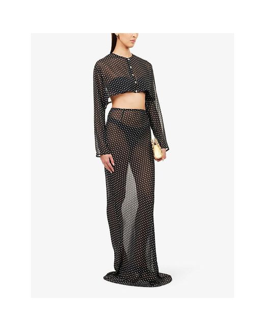 HYPHEN Gray Long-Sleeve Cropped Sheer Top