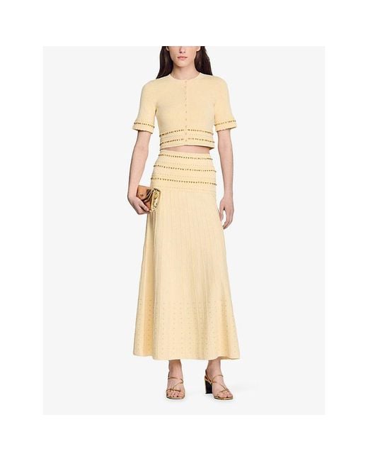 Sandro Natural Bead-Embellished Cropped Knitted Cardigan