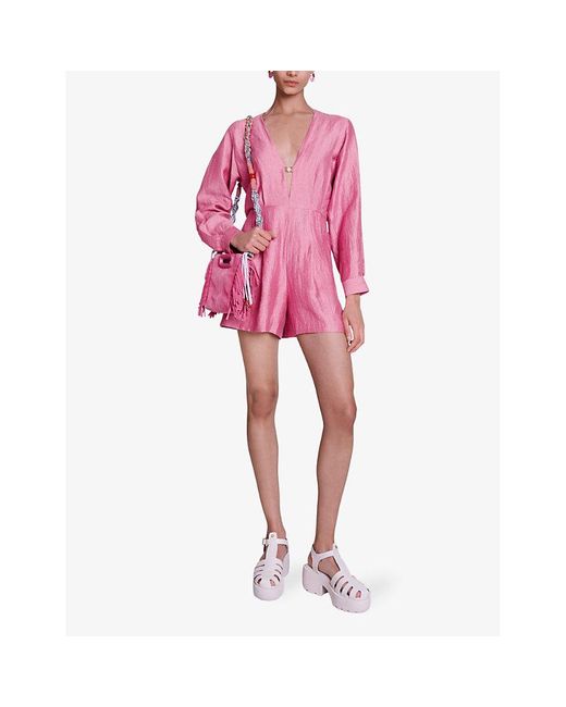 Maje Pink Plunging-neckline Linen-blend Jumpsuit