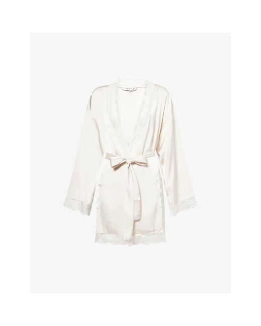 Lounge Underwear White Bridal Lace-Trim Satin Robe