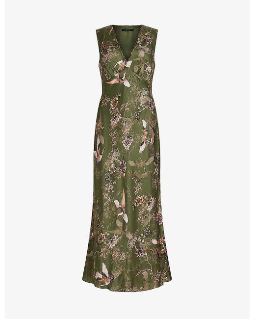 AllSaints Green Karla peggy Patterned Slim-fit Woven-blend Midi Dress