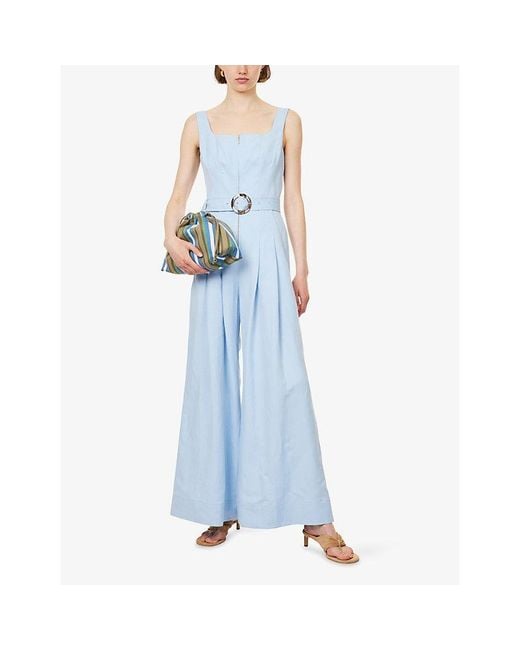 ME+EM Blue Belted Wide-Leg Cotton And Linen Blend Jumpsuit